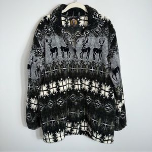 Sunbuster Vintage Button Front Fleece Jacket-Green Black Deer Elk-Medium